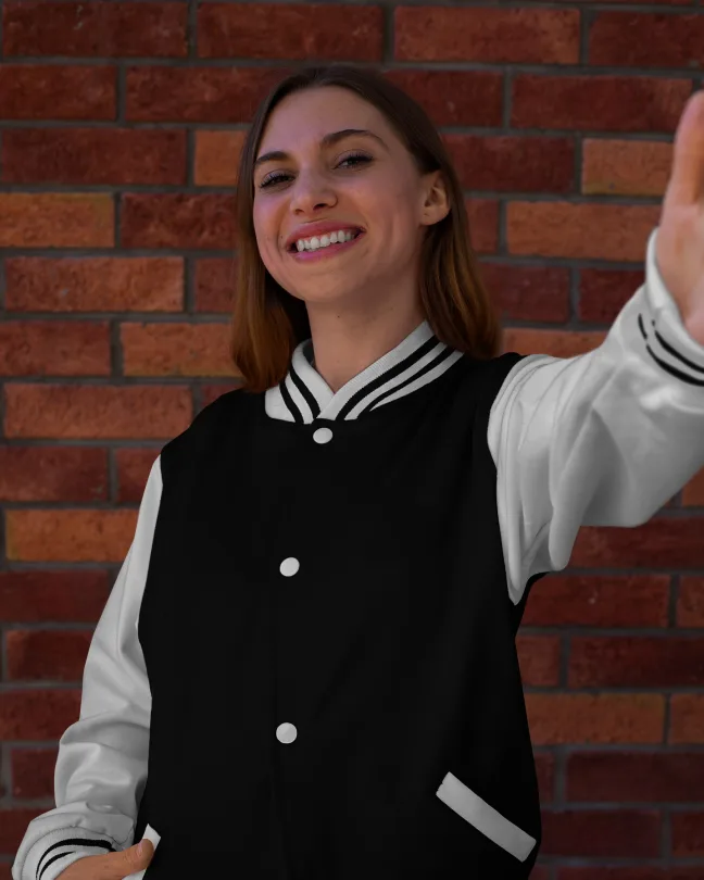 selfie-mockup-featuring-a-joyful-woman-wearing-a-college-jacket-33211